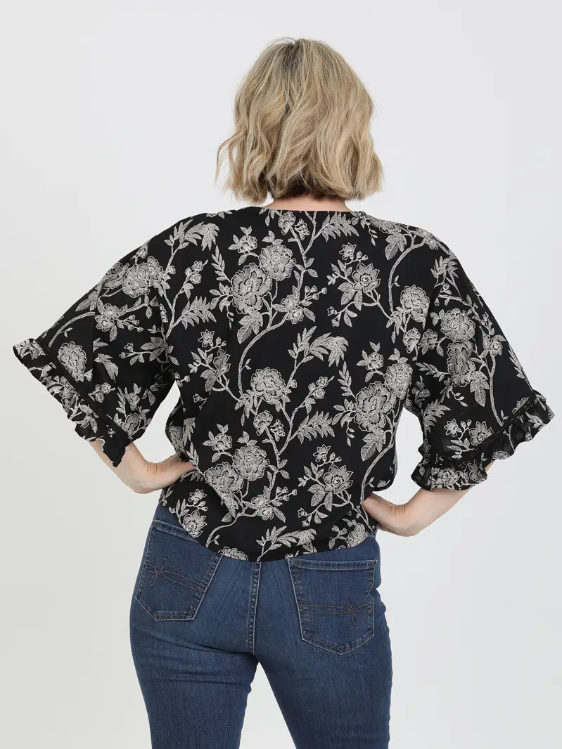 V-Neck Lace Trim Tie Waist Blouse