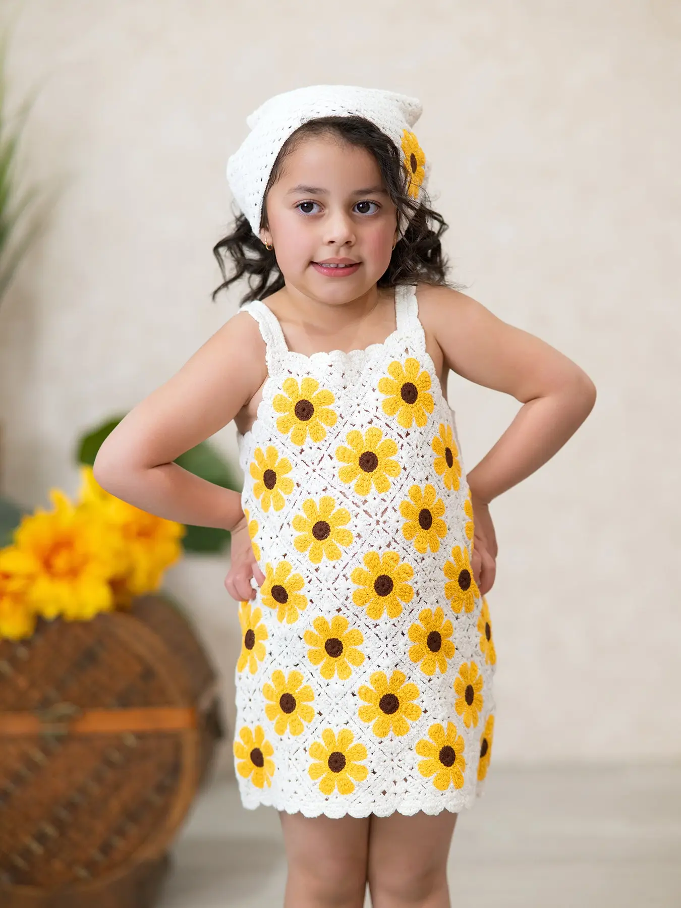 Girls Crocheted Sunflower Dress + Headscarf