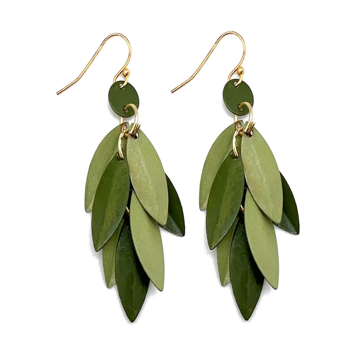 Brass Patina Layered Earrings Green Leaves