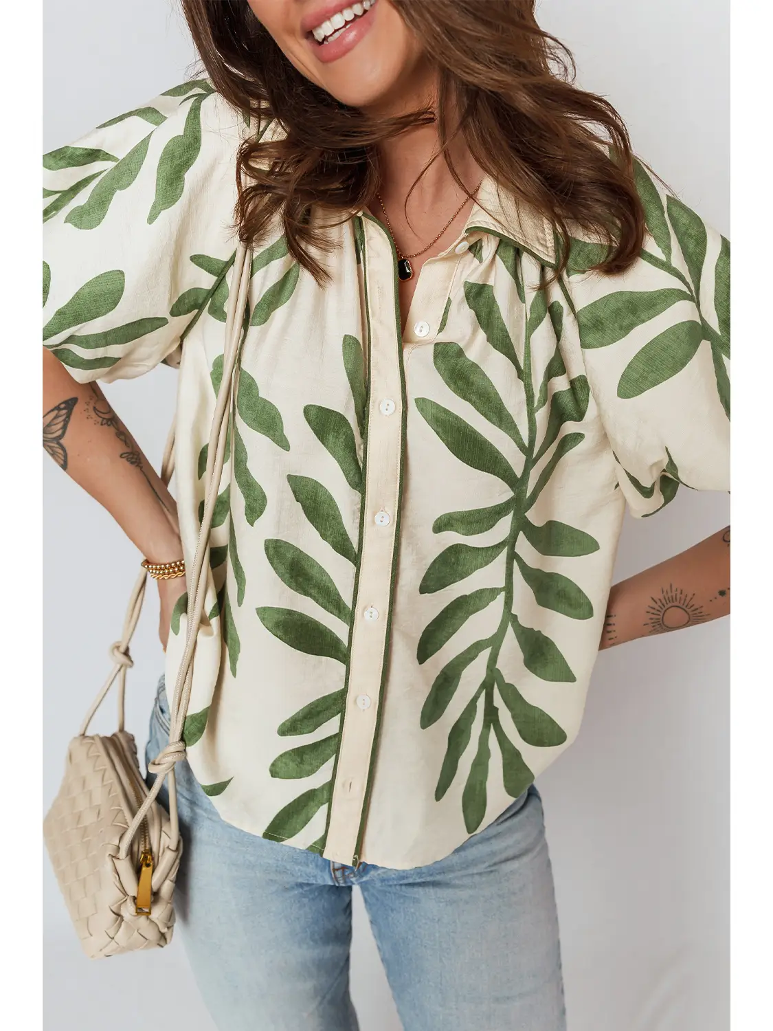 Green Leaf Print Balloon Sleeve Top