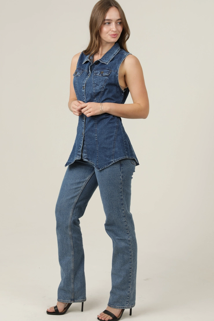 Denim Button Front Collared Tank