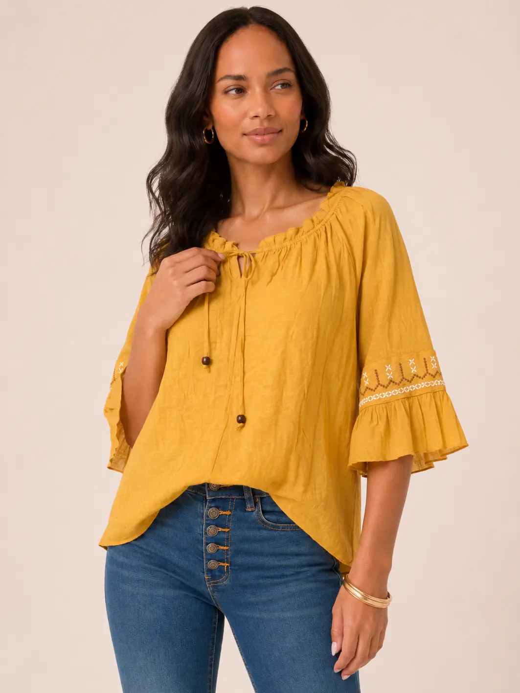 Amber Bloom Embroidery Peasant Top
