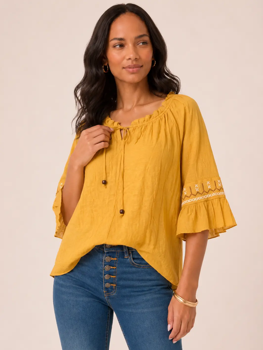 Amber Bloom Embroidery Peasant Top