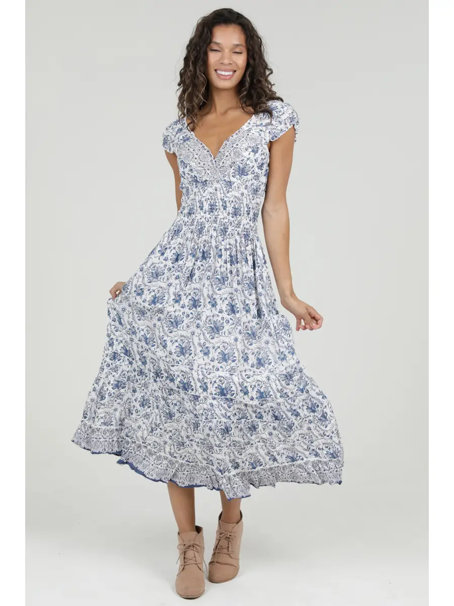 V-Neck Floral Smocked Waist Dress