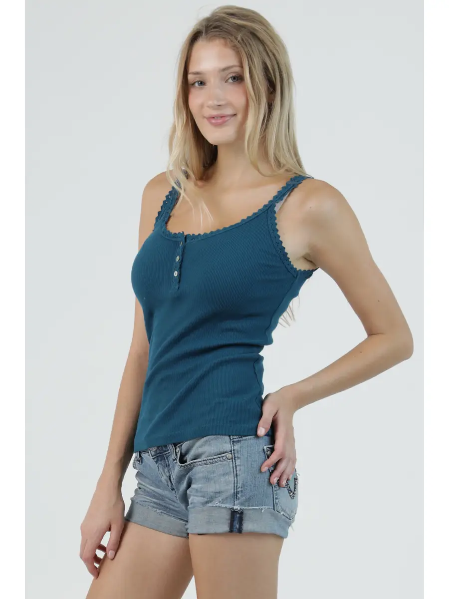 Rib Knit Lace Trim Henley Tank Top