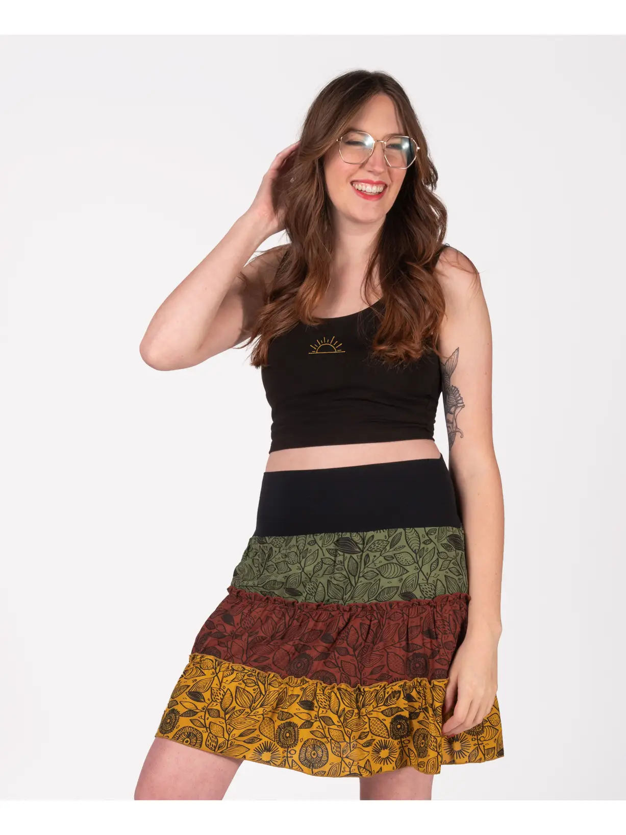 Three Tier Mini Skirt - Green/Mustard