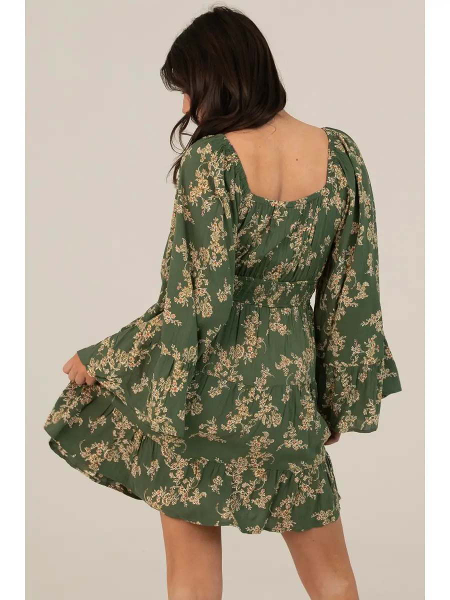 V-Neck Wide Flare Bell Sleeve Dress