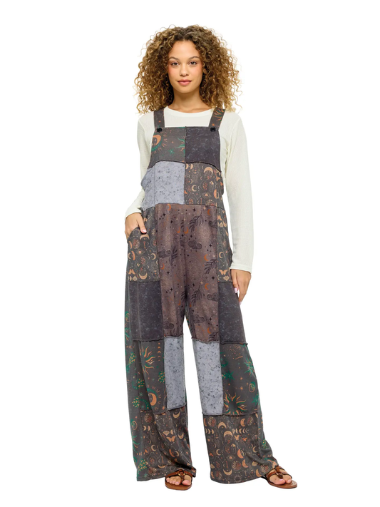 Celestial Sun + Moon Patchwork Overalls