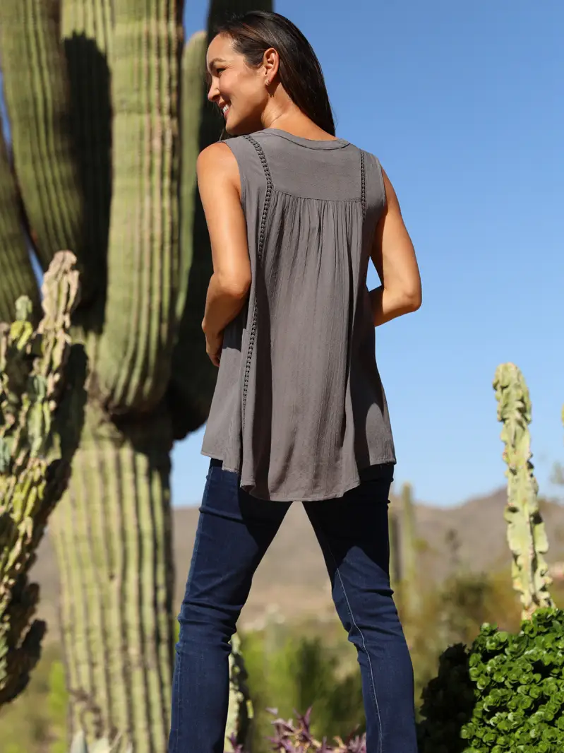 Textured Ladder Lace Trim Hi Lo Tank Top