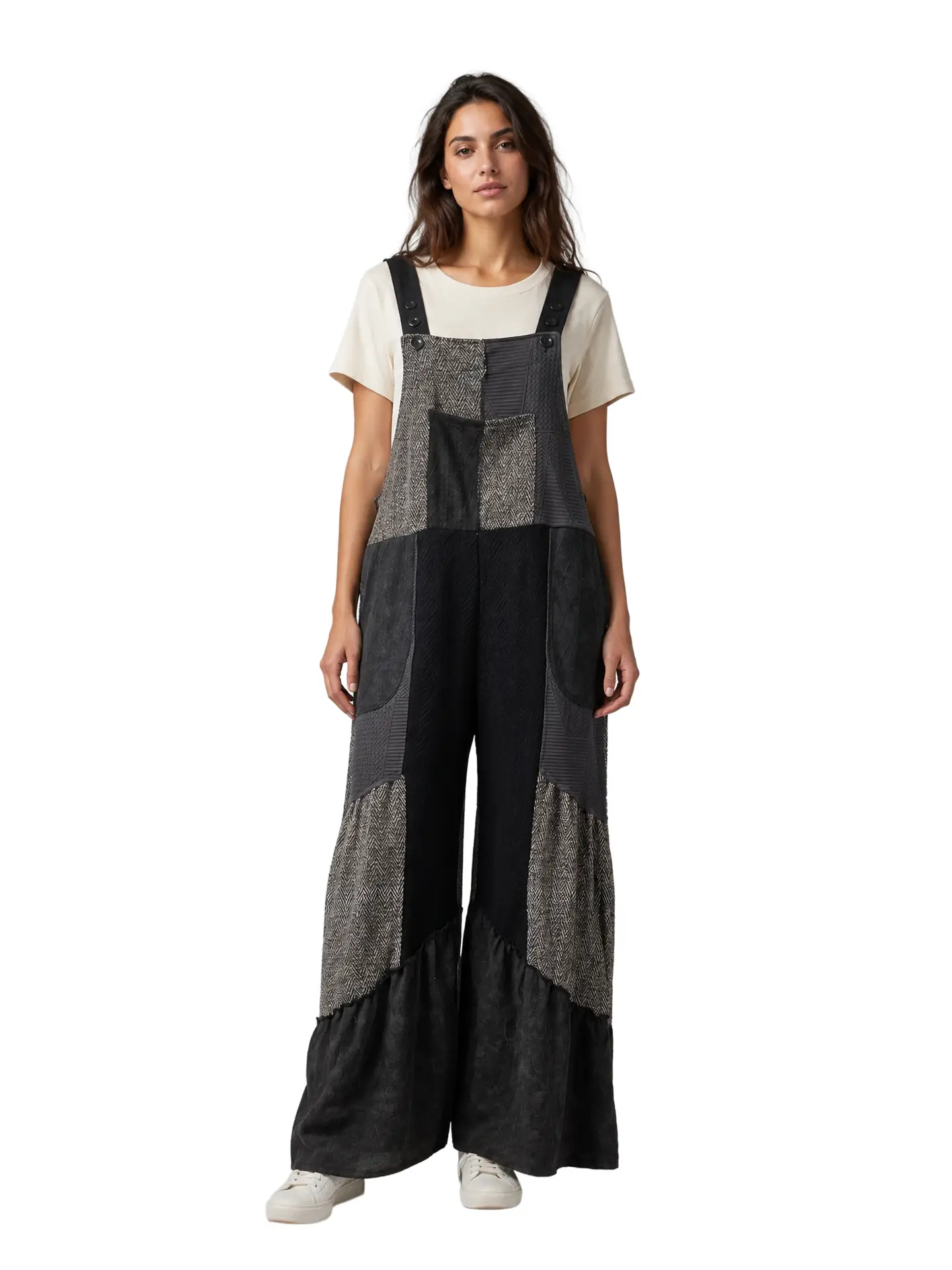 Colorblock Textured Patchwork Overalls