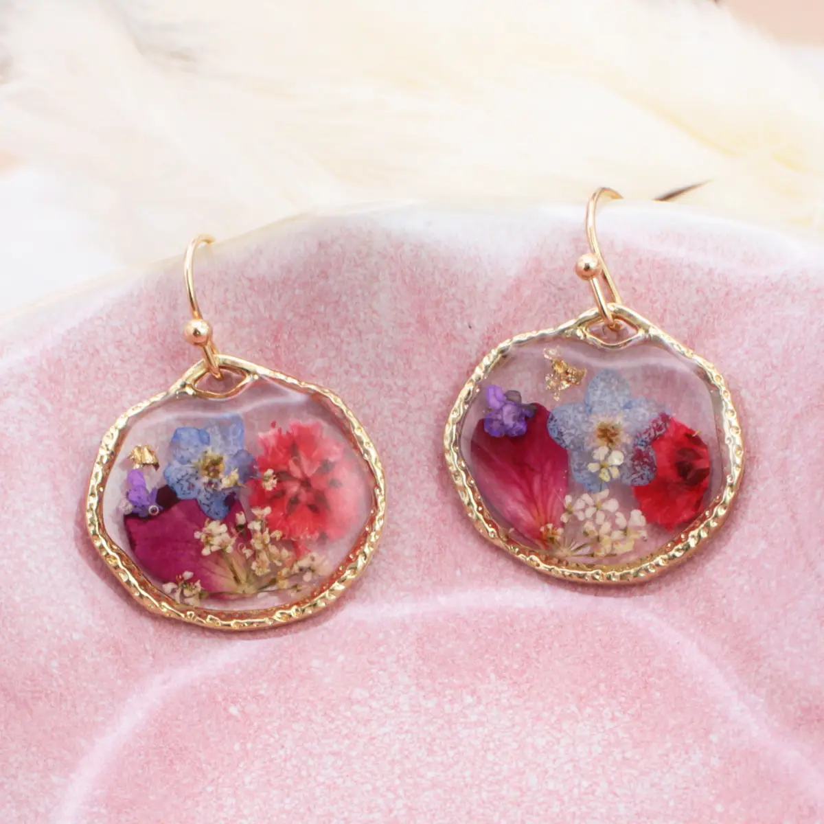 Cottage Floral Blue Red Dried Flowers Earrings