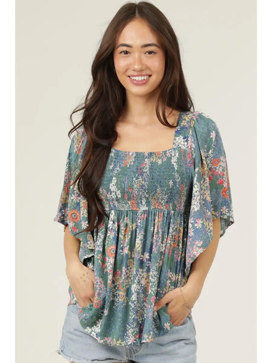Floral Top Smocked Bodice Wide Sleeves