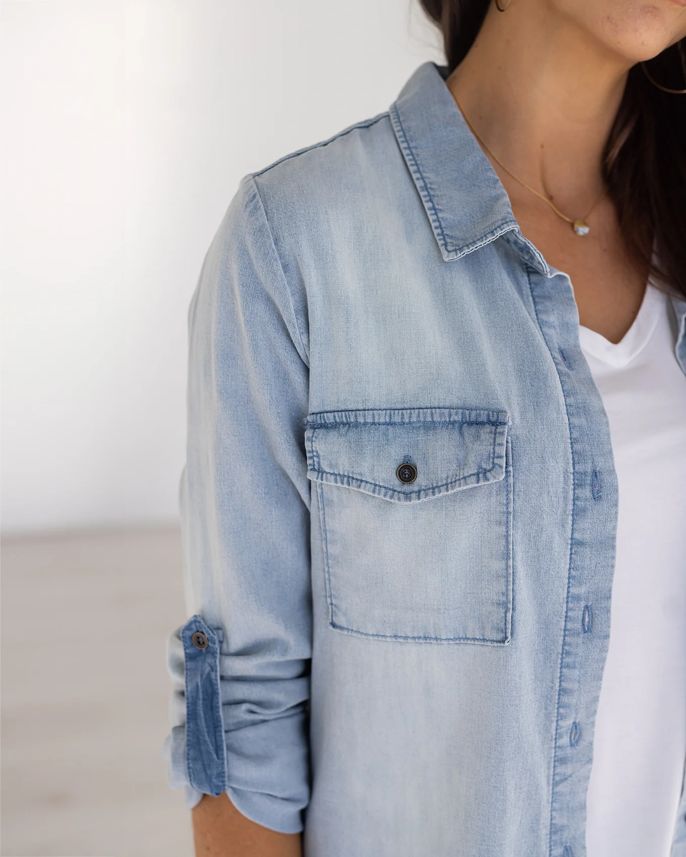 Stretch Chambray Button Up Top