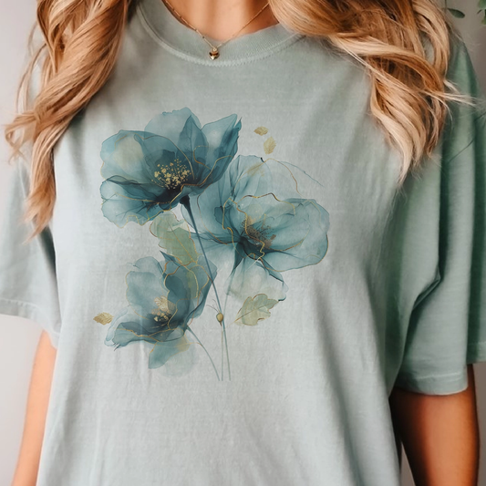 Teal Floral Watercolor T-Shirt
