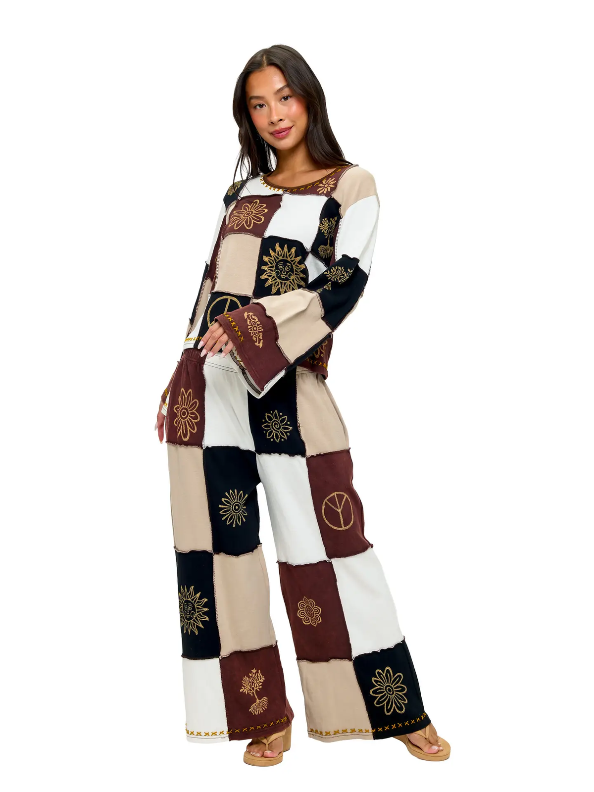 Earth Tones Colorblock Long Sleeve Top Bell Sleeves