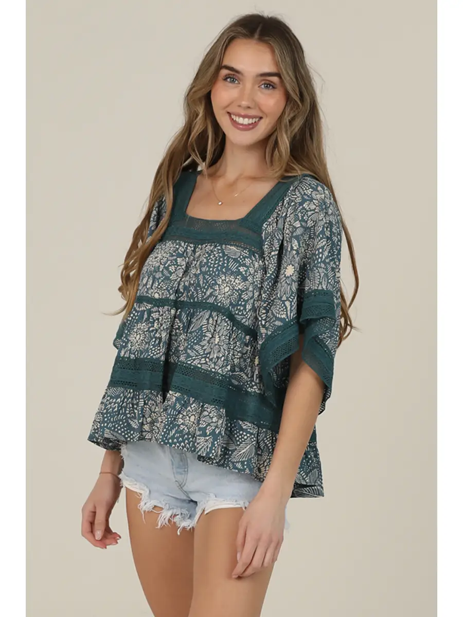 Lace Trim Printed Wide Sleeve Blouse