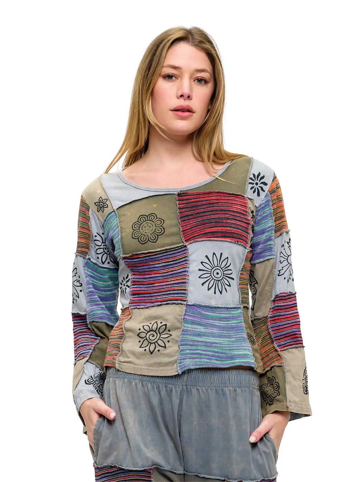 Art Painted Long Sleeve Patchwork Top Bell Sleeves