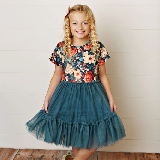 Girls Emerald Vintage Floral Tulle Dress