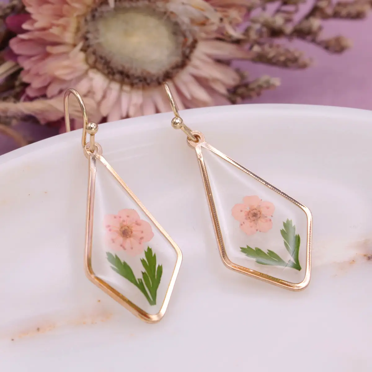 Pink Diamond Dried Flower Earrings