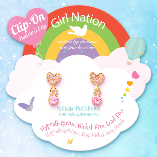 Heart Pink CZ Little Luxe Drop Clip Earrings