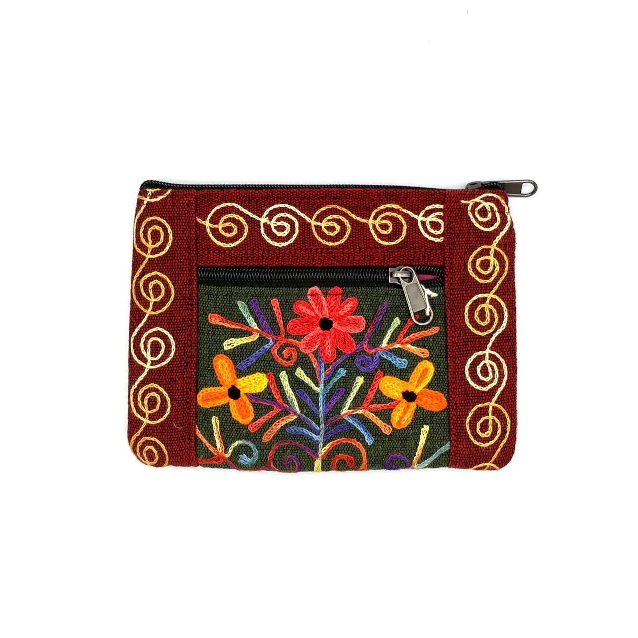 Embroidered Floral Double Zip Pouch