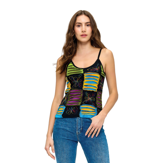 Razor Cut Patchwork Embroidered Tank Top