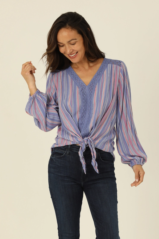 Striped Blouse w/ Crochet Trim Tie Waist