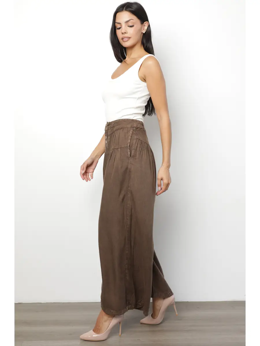 Acid Wash Button Front Wide Leg Pants