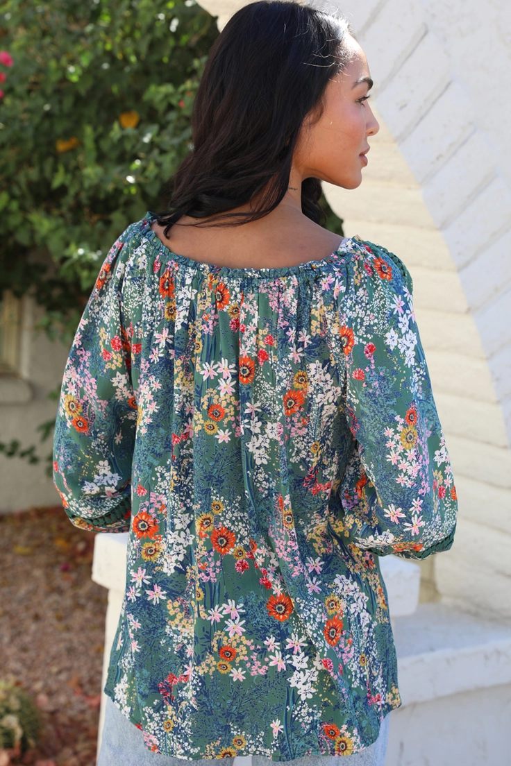Floral Print Blouse w/ Lace Insets