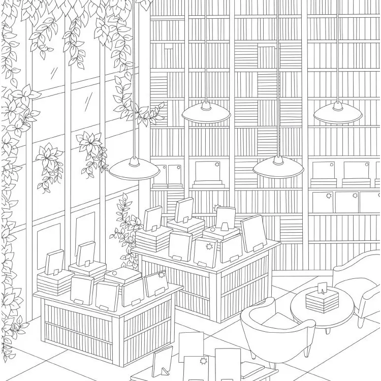 Cozy Bookshops Adult Coloring Book