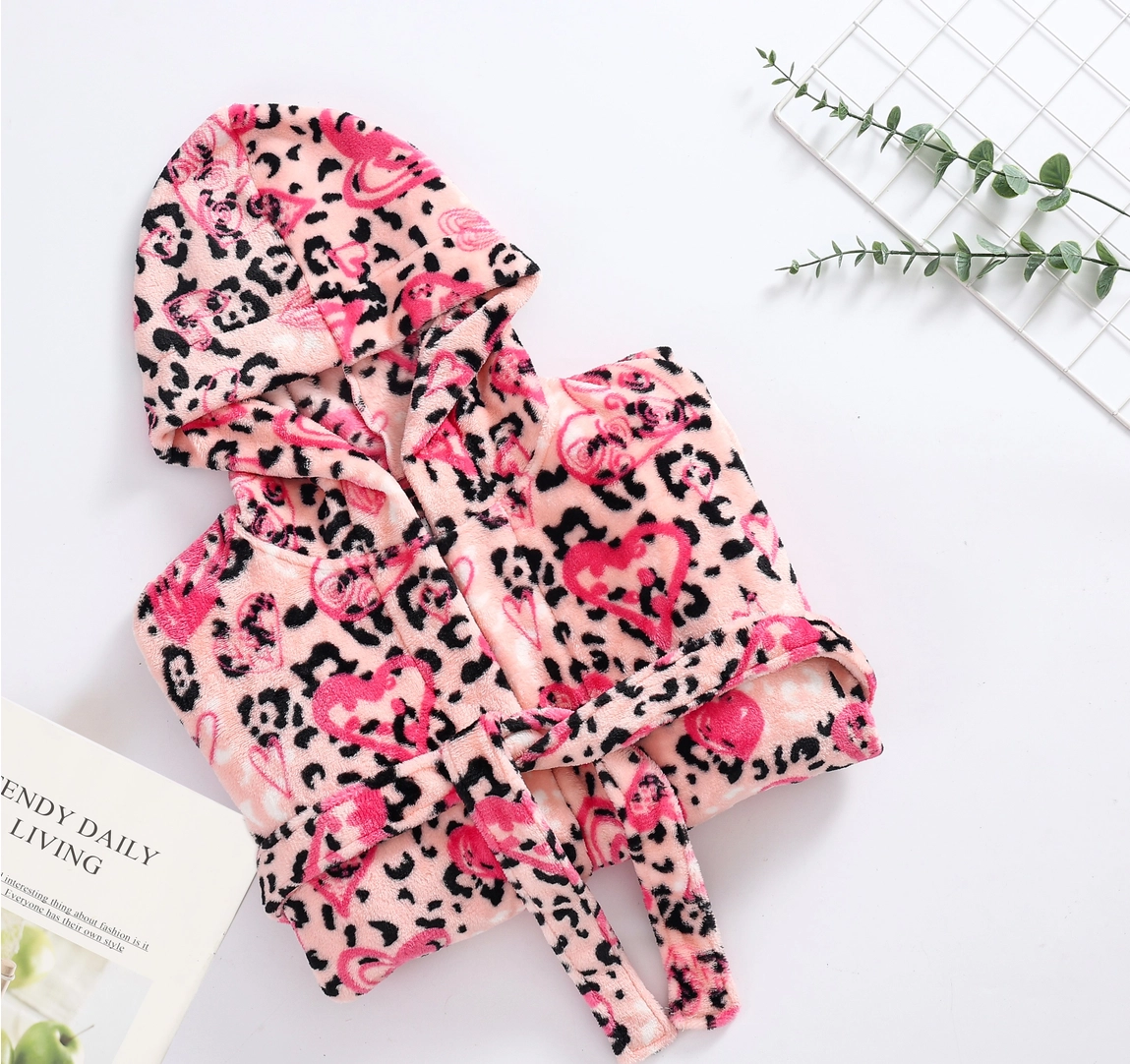 Kids Pink Leopard Heart Fleece Robe
