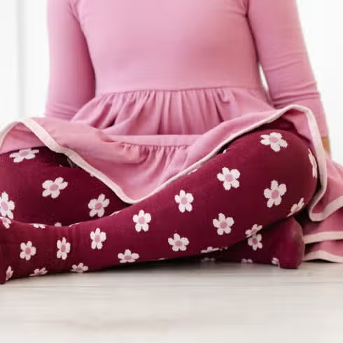 Girls Cable Knit Tights - Burgundy Flowers