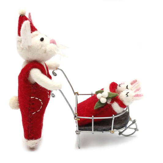 Felted Rabbit With Babies in Wheelbarrow