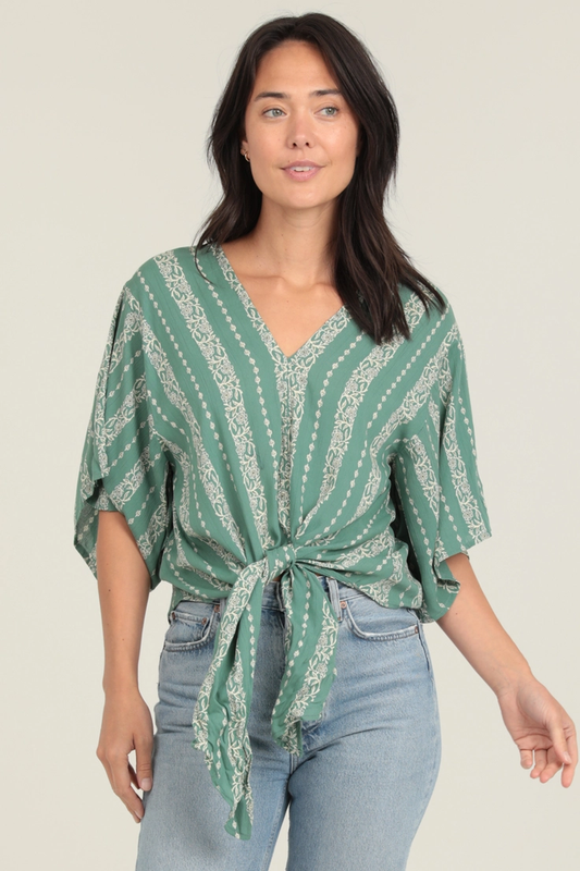 V-Neck Kimono Sleeve Tie Waist Blouse