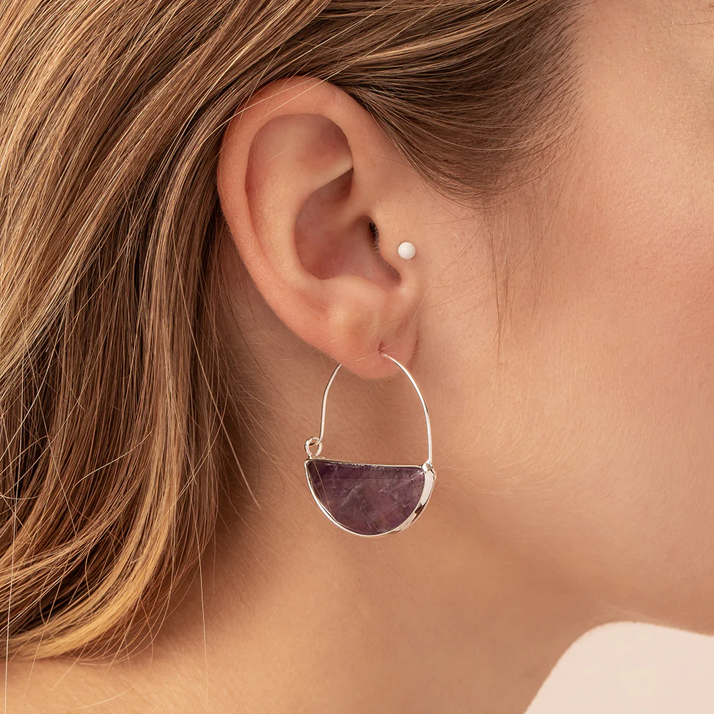 Stone Prism Hoops Amethyst -Silver