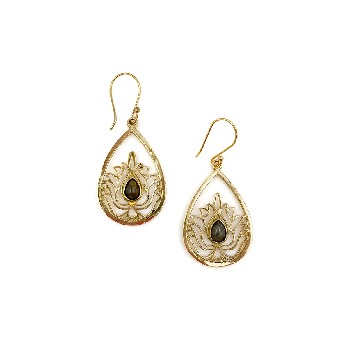 Lotus Teardrop Labradorite Earrings - Gold