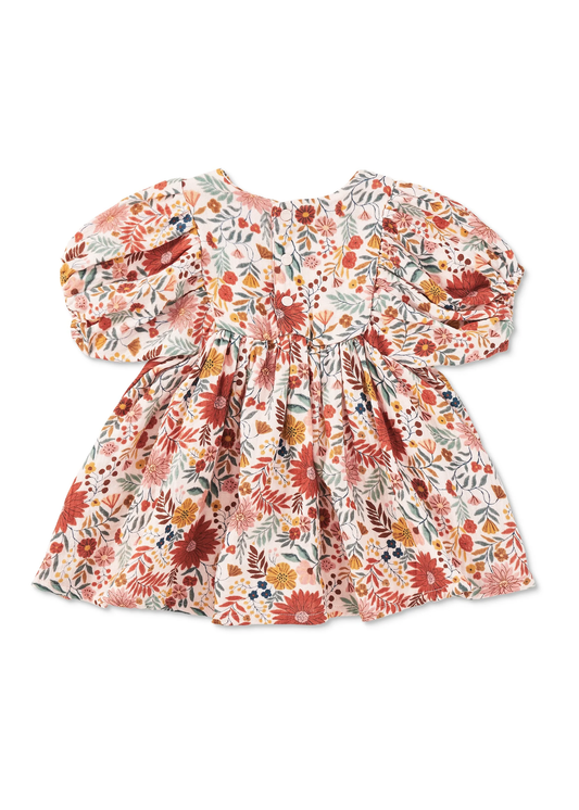 Girls Dress with Puff Sleeves - Zinnia Bloom