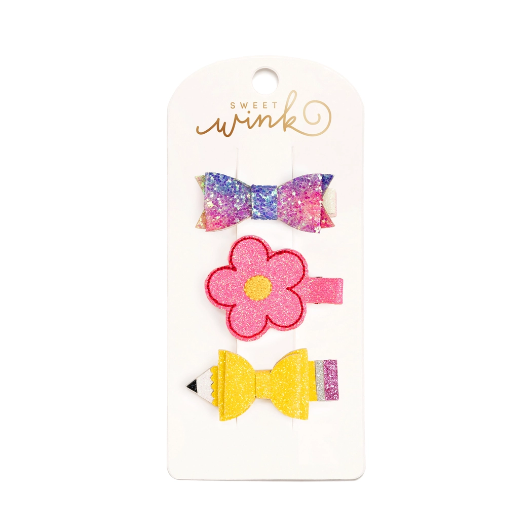 Girls Pencil + Flower Hair Clip Set