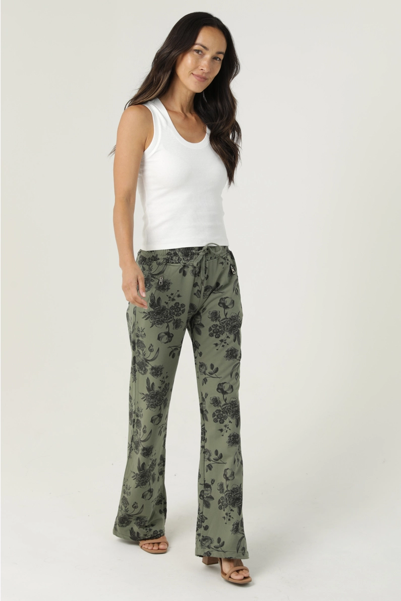 French Terry Wide Floral Print Straight Leg Pants