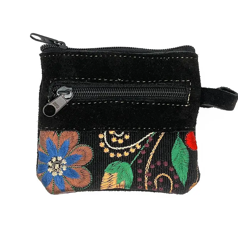 Embroidered Floral Suede Coin Purse