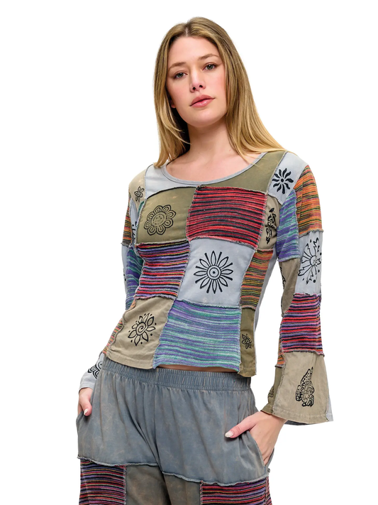 Art Painted Long Sleeve Patchwork Top Bell Sleeves