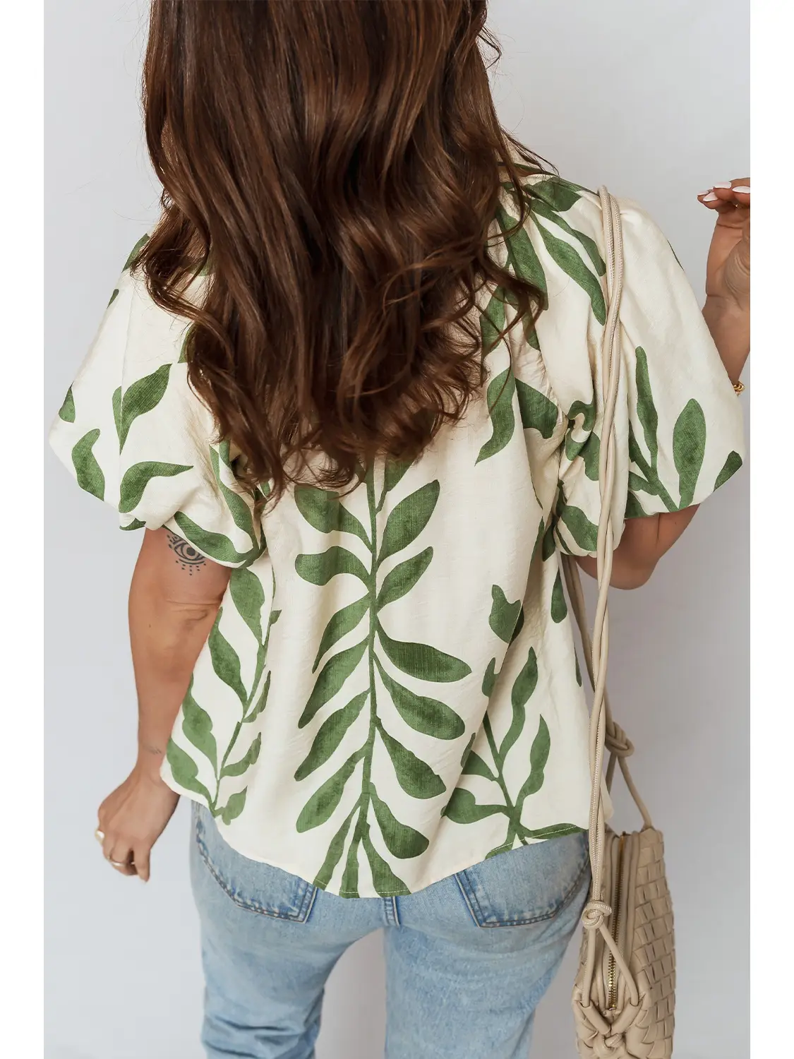 Green Leaf Print Balloon Sleeve Top