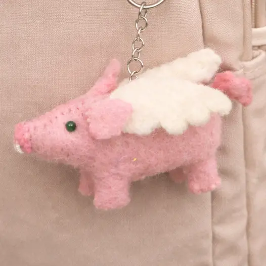 Felted Flying Pig Keychain