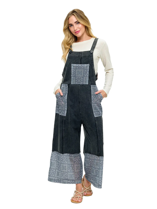 Vintage Washed Colorblock Romper Lace Applique