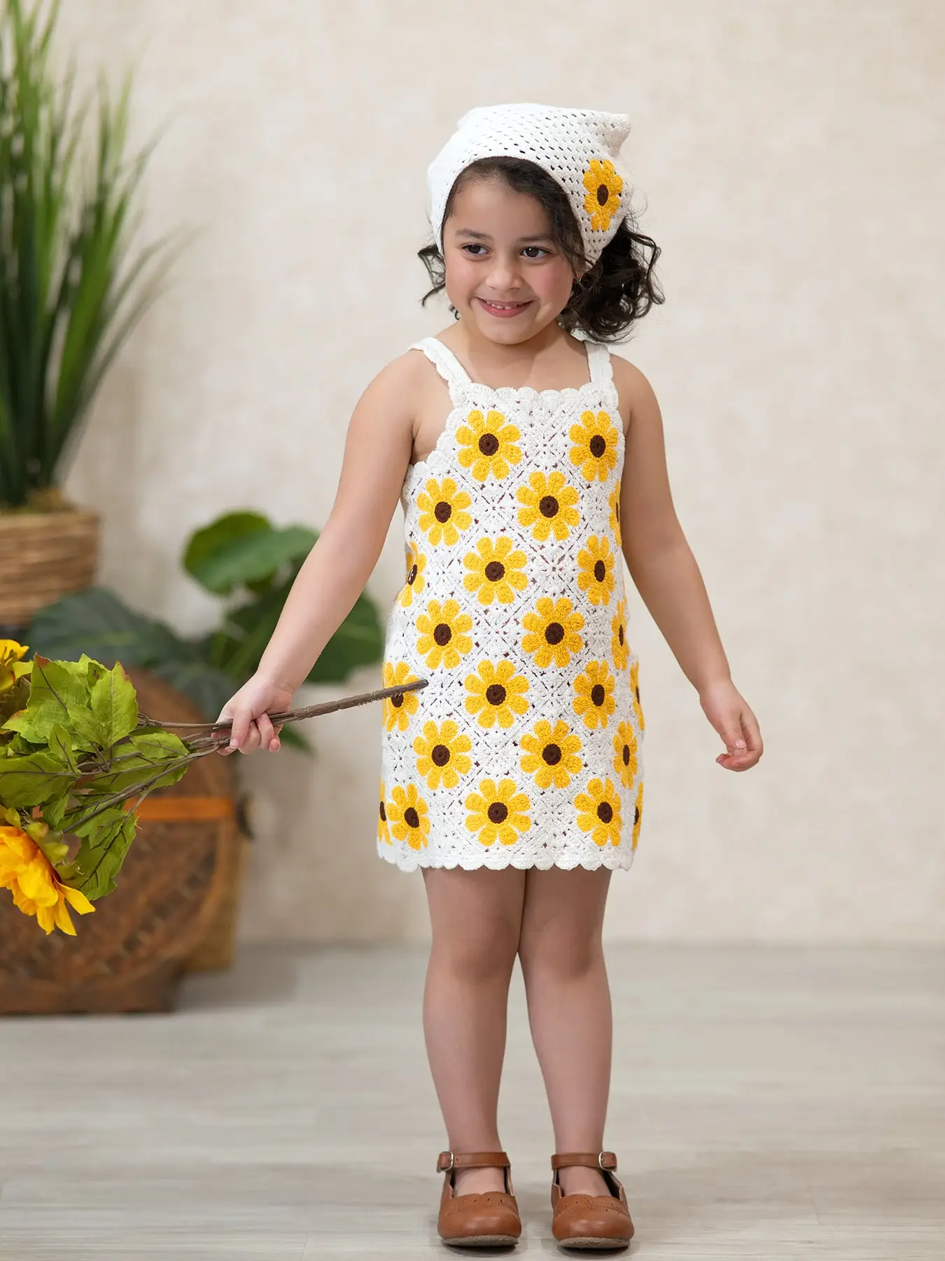 Girls Crocheted Sunflower Dress + Headscarf