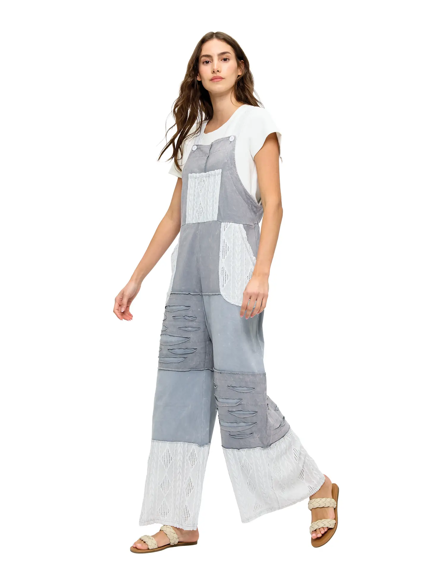 Grey Patchwork Razor Cut Overalls