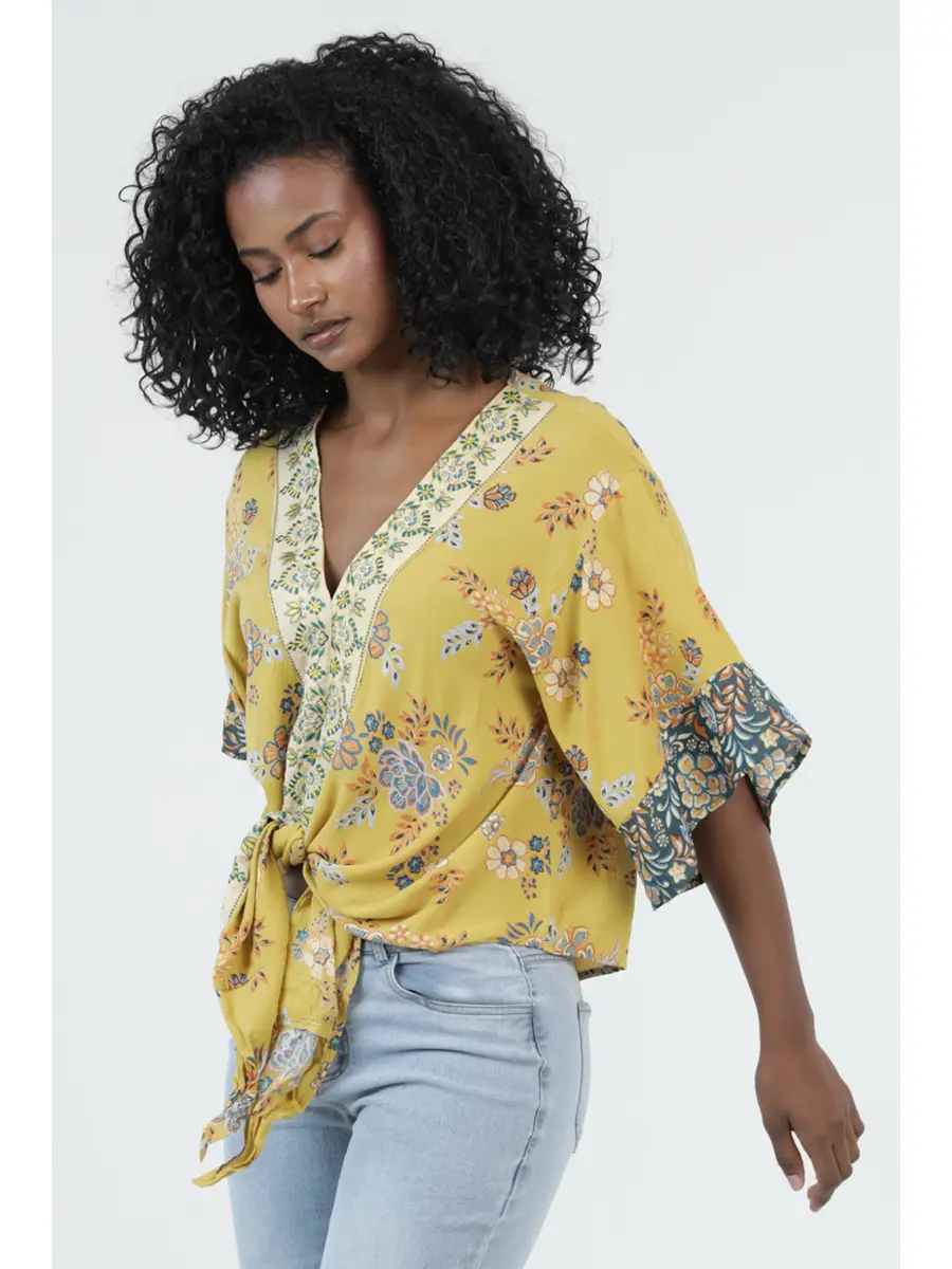 V-Neck Kimono Sleeve Tie Waist Blouse