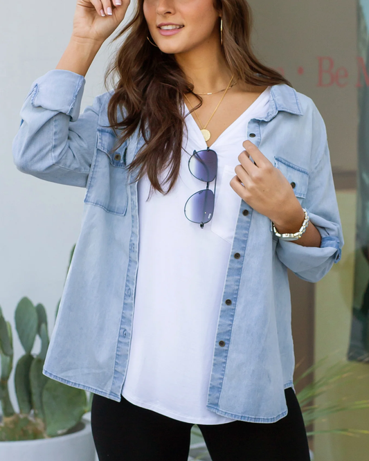 Stretch Chambray Button Up Top