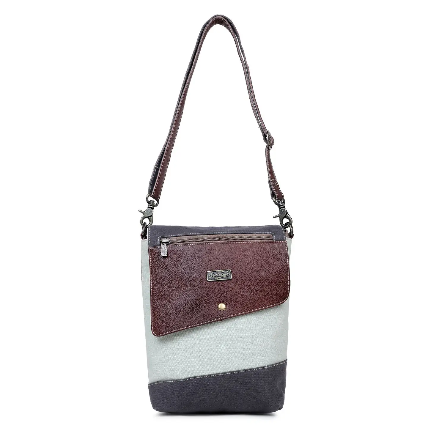 Canvas + Leather Colorblock Crossbody Bag - Grey
